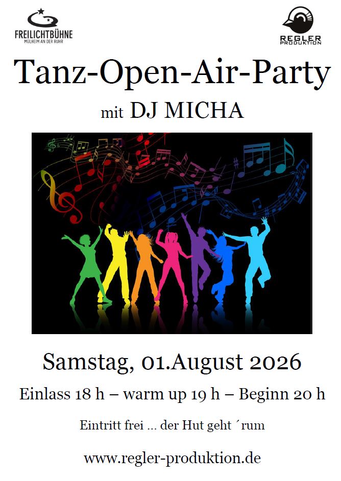 Plakat Tanz DJ Micha Veranstaltung 2026 Freilichtbühne Mülheim Regler Produktion